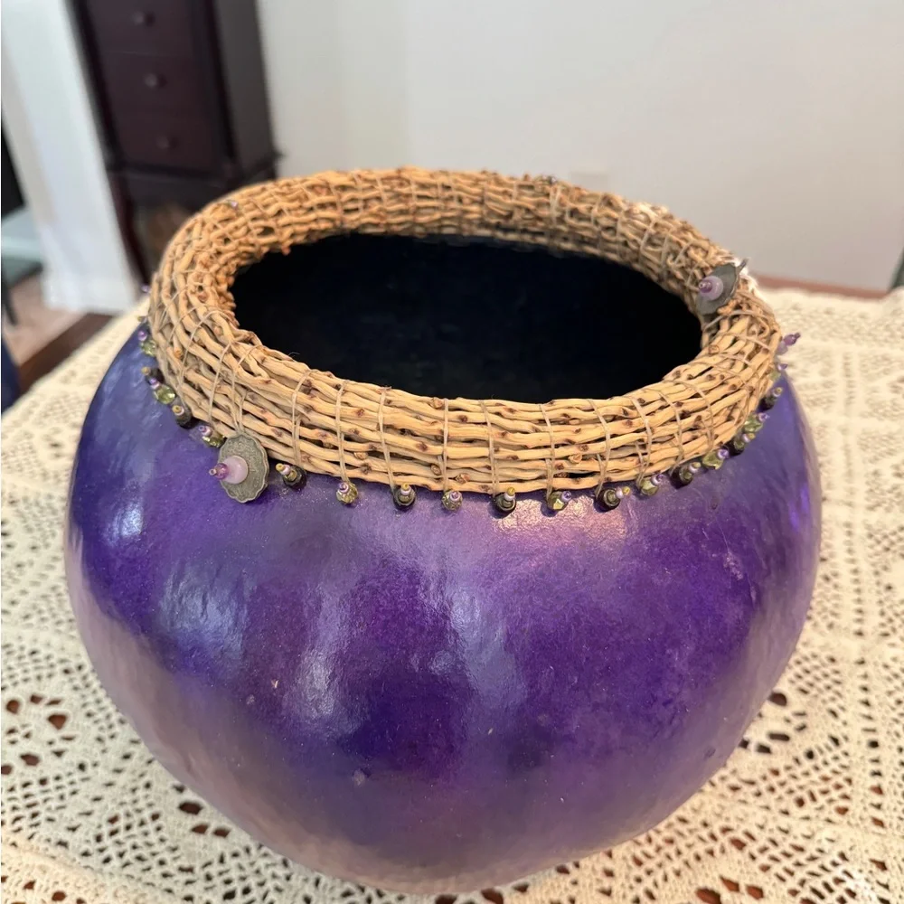 Handmade Gourd Art Bowl/Vase Purple Black Tabletop Decor